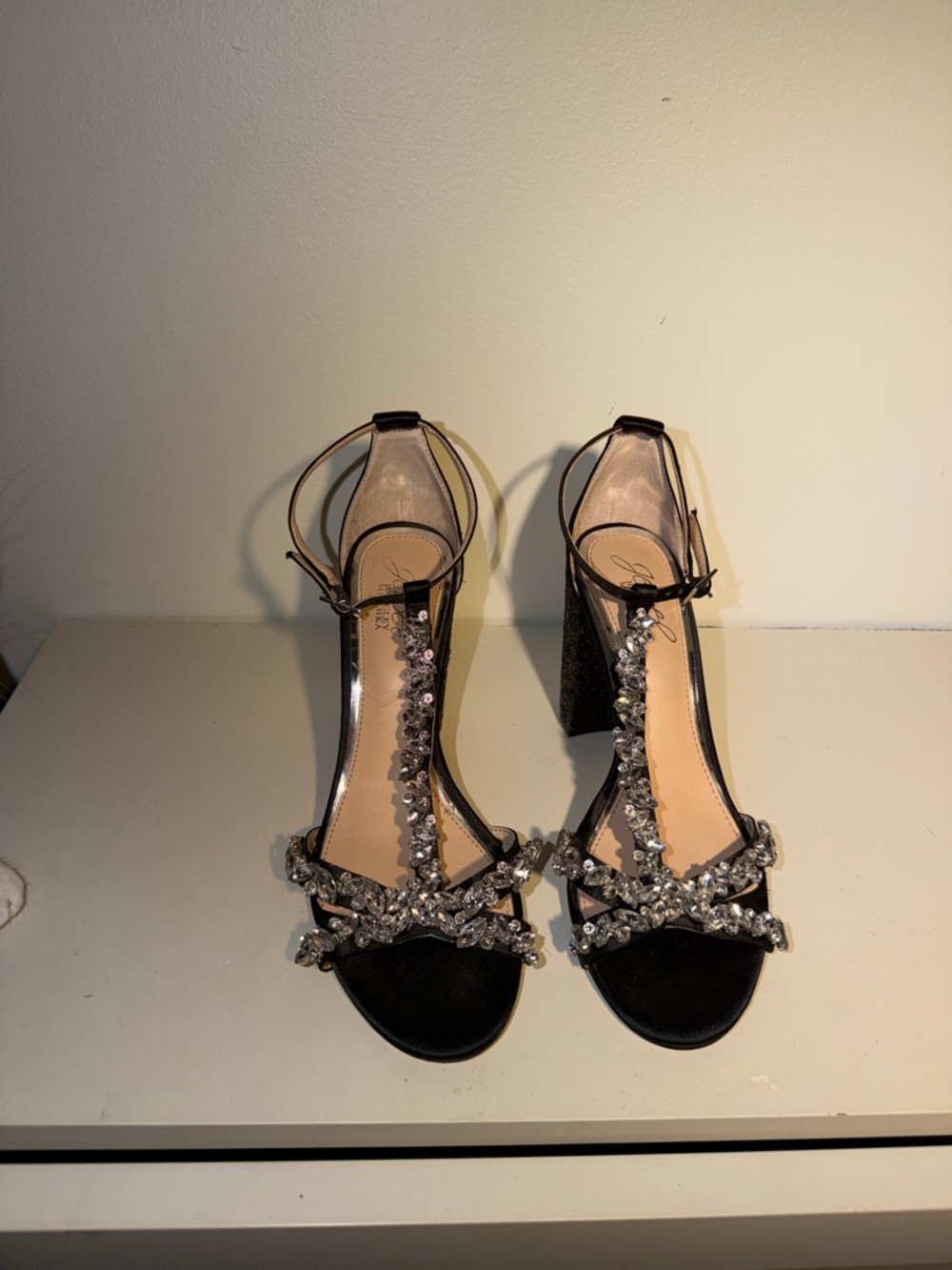 Jewel Badgley Mischka Black Crystal-Embellished Block Heel Sandals.Sz 7 Chic - Picture 3 of 12